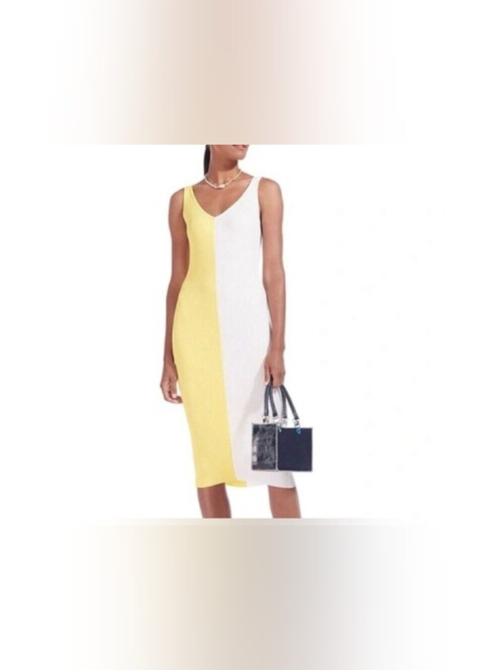 STAUD Two-toned Ribbed Midi Dress In Yellow & White, Sleeveless